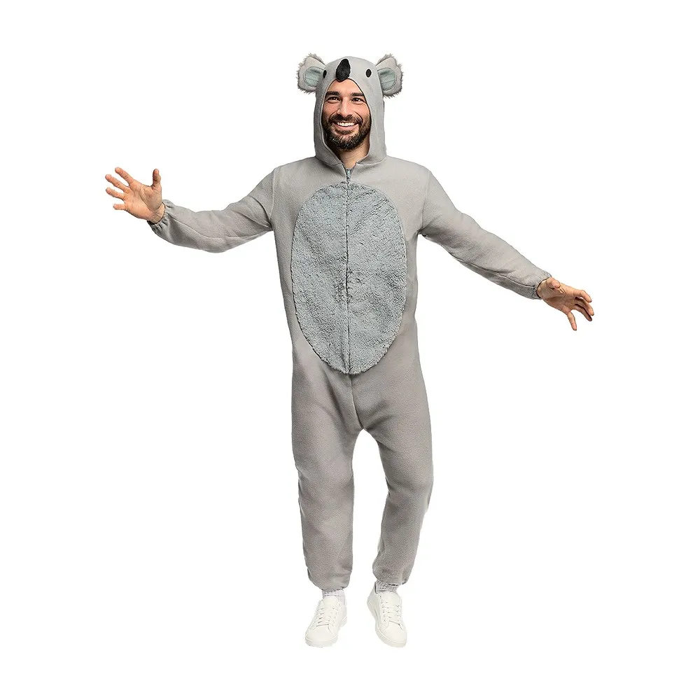 תחפושת קואלה למבוגרים על גבר עם ידיים פתוחות, אוברול אפור עם קפוצ'ון