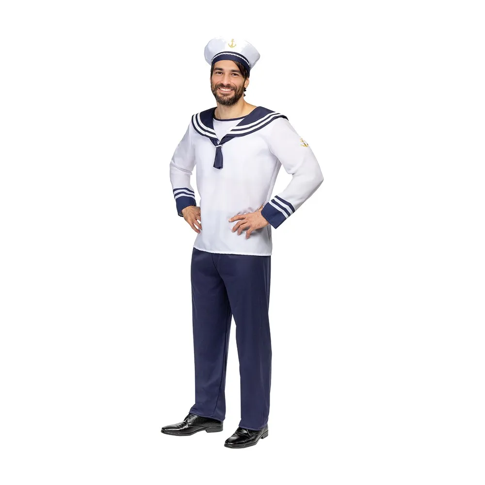 תחפושת מלח לגברים מלפנים, חולצה לבנה עם מטפחת צוואר ומכנסיים כחולים כהים
