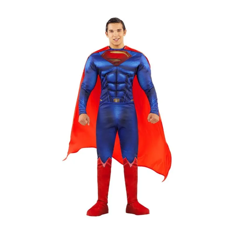 תחפושת סופרמן לגברים, אוברול כחול עם שרירים, סמל S וגלימה אדומה