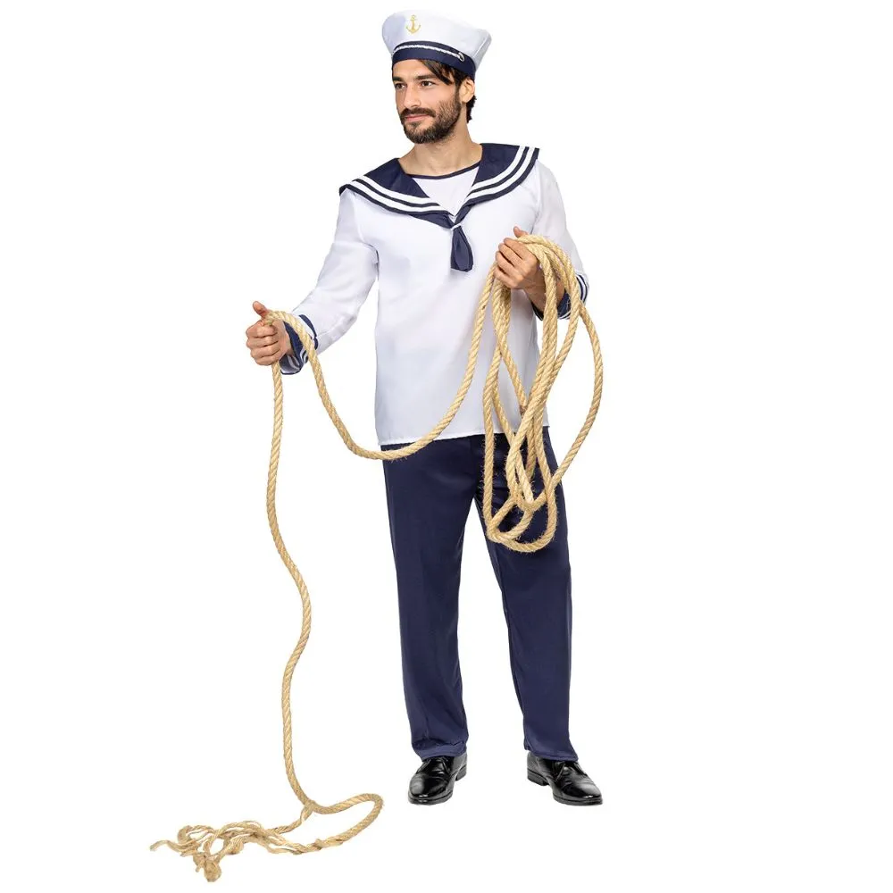 תחפושת מלח צי לגברים, חולצה לבנה עם צווארון כחול ומכנסיים כחולים, על גבר עם כובע מלחים וחבל