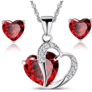 סט תכשיטים | ליום האהבה שרשרת וזוג עגילים אבן לב משובצת אבן רובי אדומה דגם Eye OF Heart