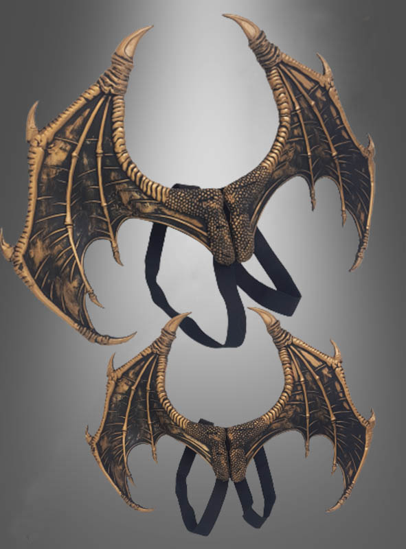 סט דרקון מפואר שחור זהב ענק : כנפיים ענקיות 65×50 ס”מ + מסכה + זנב ענק