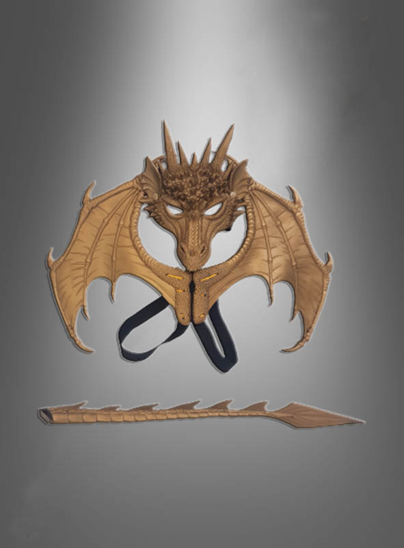 סט דרקון זהב קטן : תחפושת דרקון מסכה כנפיים קטנות 50X65 ס”מ וזנב