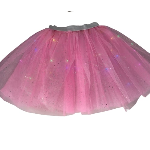 חצאית טוטו ורודה עם נצנצים בשילוב חגורה כסף ותאורה 40 ס"מ