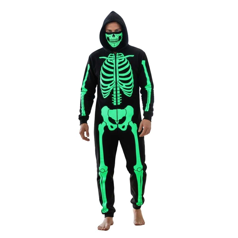 תחפושת שלד זוהר בחושך לגברים 💀 – אוברול עם קפוצ'ון, מסכה ורוכסן (יוניסקס)