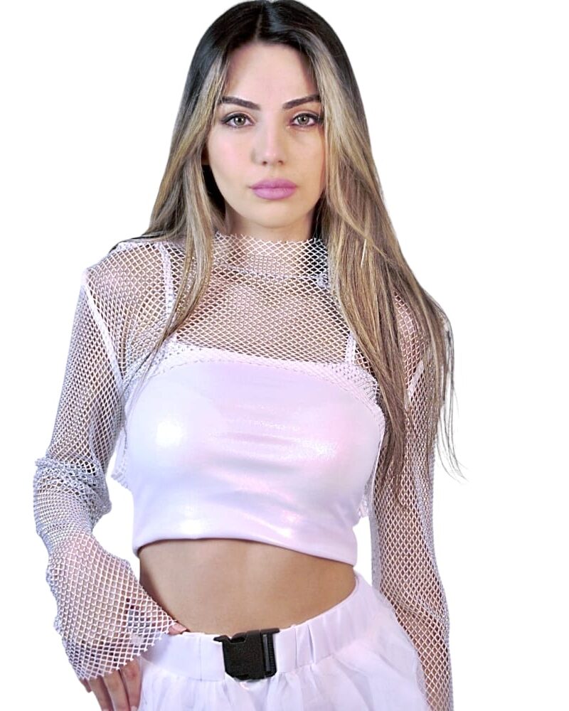 טופ רשת לבן שרוולים ארוכים