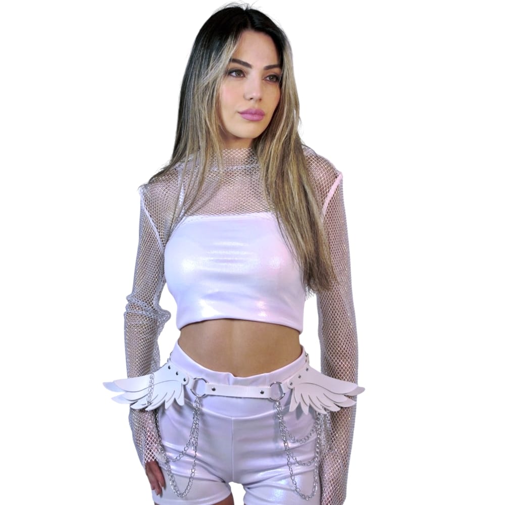 טופ רשת לבן שרוולים ארוכים
