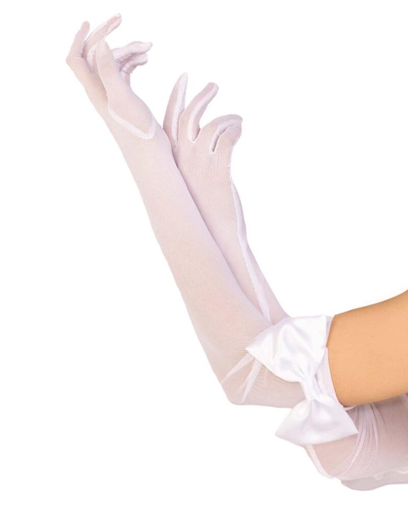 כפפות סאטן מעוצבות עם פפיון - לבן