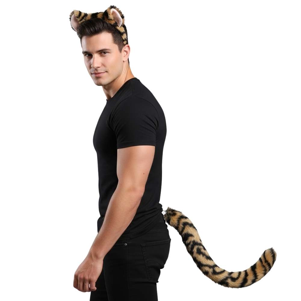 סט תחפושת נמר/טיגריס 🐅: קשת אוזניים וזנב ארוך פרוותי (לילדים ומבוגרים)