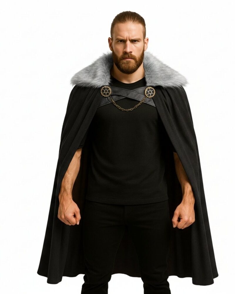 גלימת לוחם עם צווארון פרווה מהודר : שחור / חום / אפור | Bmagniv