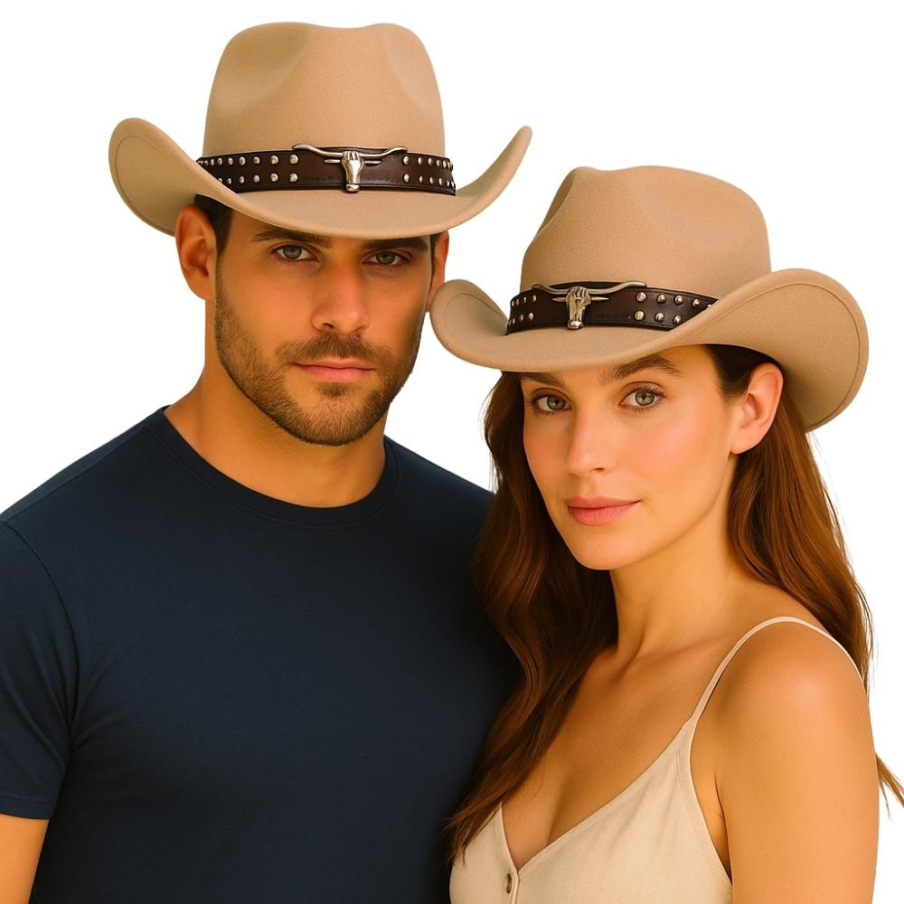 🎩 כובע קאובוי לבד יוקרתי – עיטור שבטי, גולגולת שור וגימור Longhorn