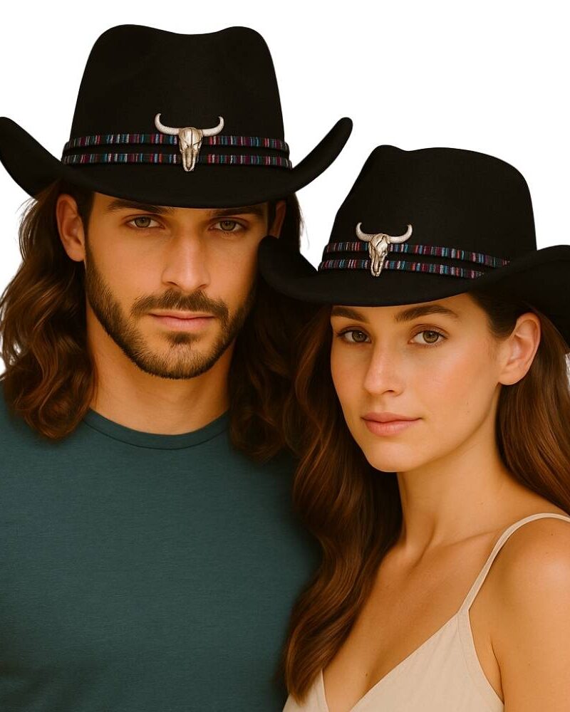 🎩 כובע קאובוי לבד יוקרתי – עיטור שבטי, גולגולת שור וגימור Longhorn