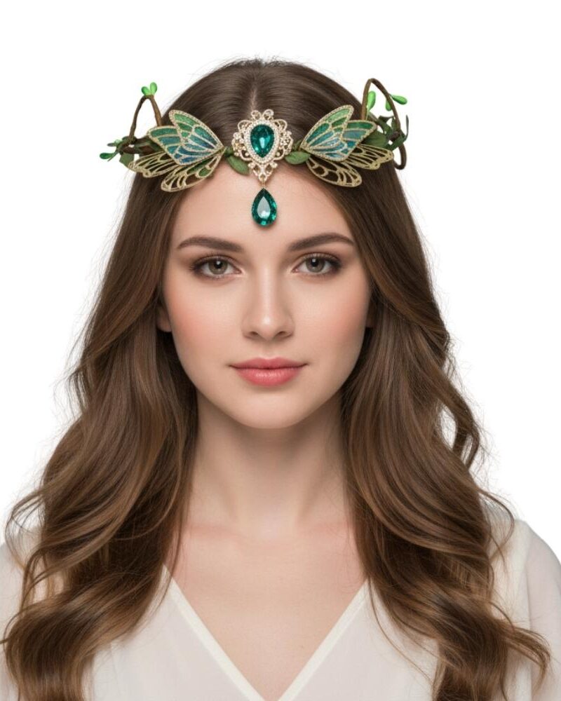 נזר מלכותי קסום עם כנפיים ואבן ירוקה