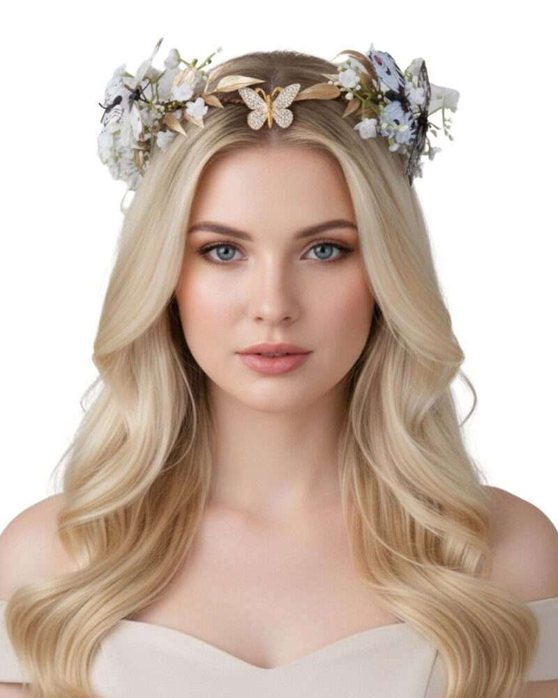 נזר קסום עלים ופרפרים לבנים