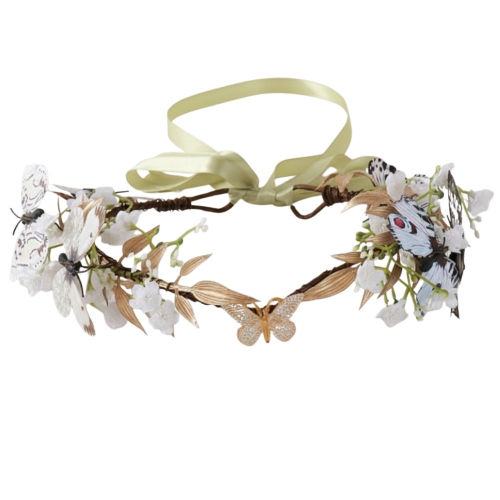 נזר קסום עלים ופרפרים לבנים