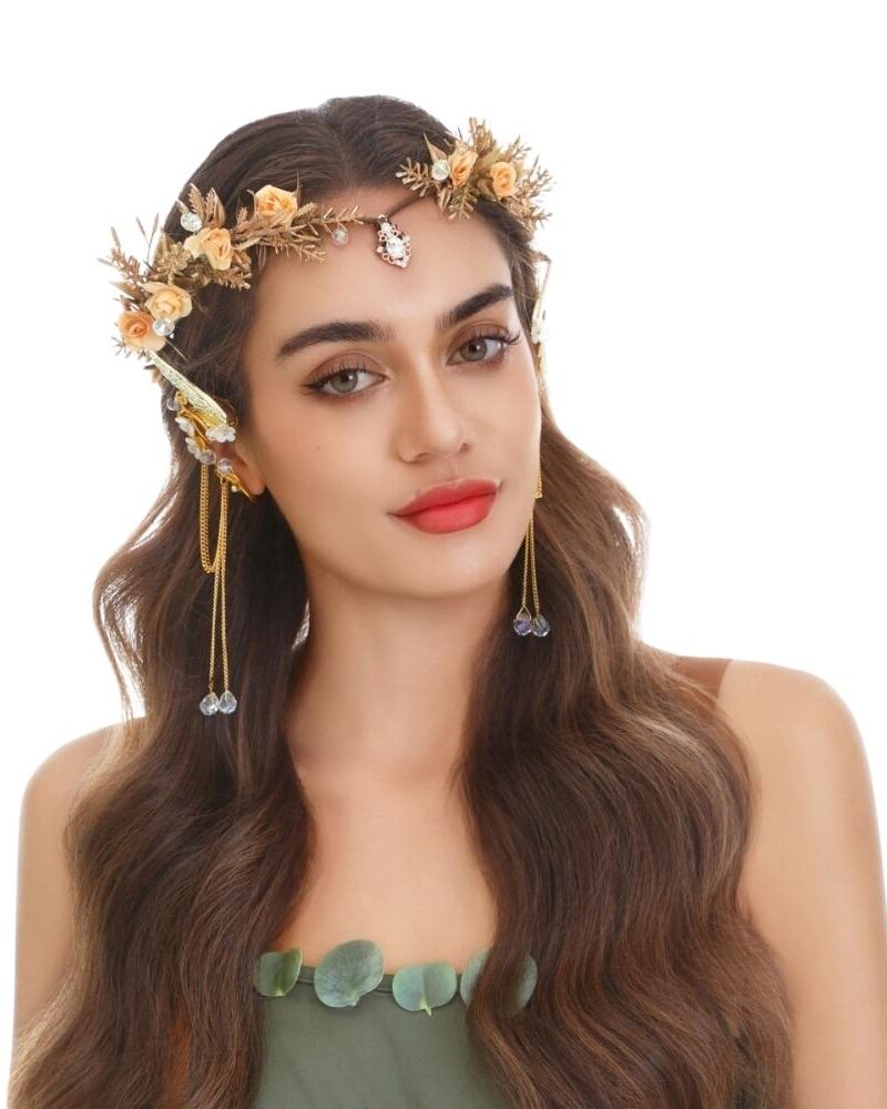 נזר קסום עלים זהב ותליון אבן כסופה