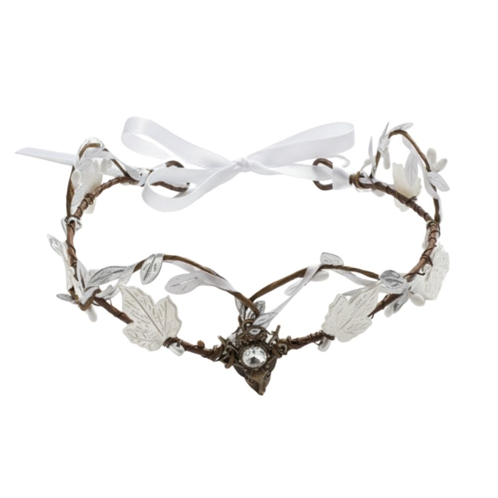 נזר קסום עלים לבנים ותליון אבן לבנה