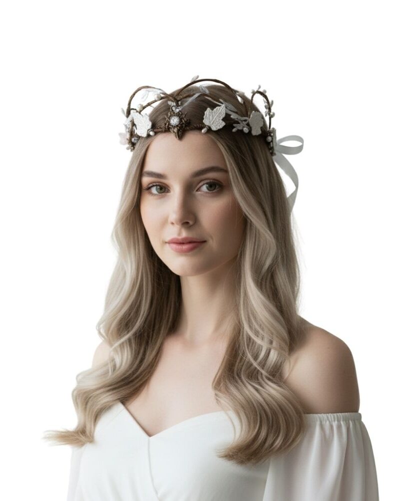 נזר קסום עלים לבנים ותליון אבן לבנה