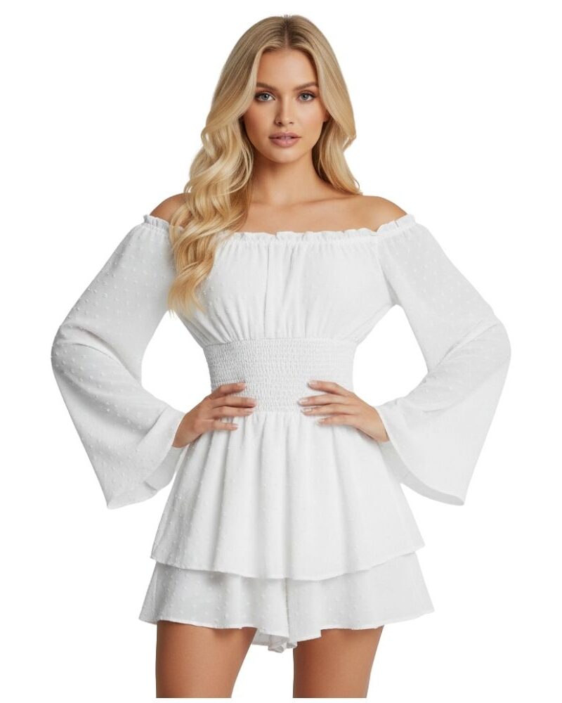 שמלת מיני סטרפלס מעוצבת – לבן / שחור