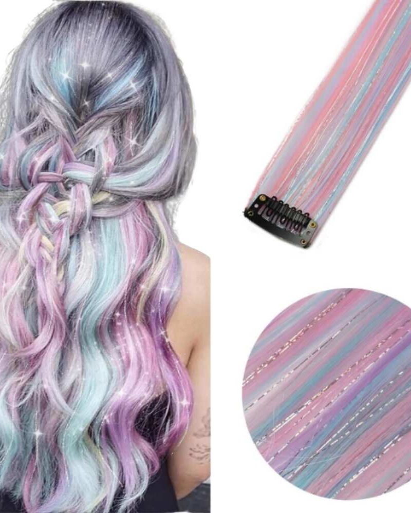 תוספות שיער סינתטיות נוצצות צבעוניות עם קליפס ✨לוק מושלם בשנייה!