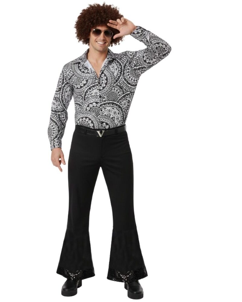 תחפושת דיסקו לגבר - חולצה ומכנס מתרחב סטייל שנות ה־70 🕺✨