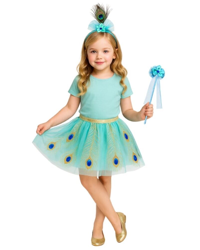 סט אביזרים לטווסית לילדות - חצאית טול, שרביט ואביזר שיער 🦚