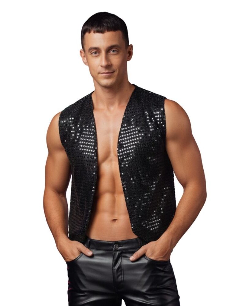 וסט פייטים שחור מנצנץ לגבר - למראה דיסקו, תחפושות רוקסטאר ומסיבות