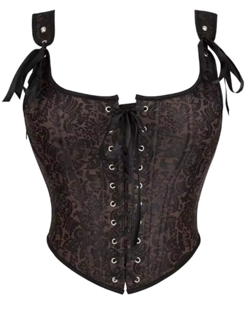 מחוך עצמות שחור עם הדפס תחרה ופרחים, קשירת שרוכים קדמית וכתפיות קשירה"