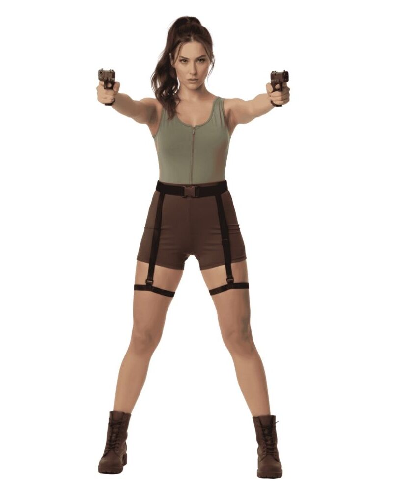 אישה בתחפושת לוחמת ג'ונגל עם גופייה ירוקה ומכנסיים חומים אוחזת באקדחים.