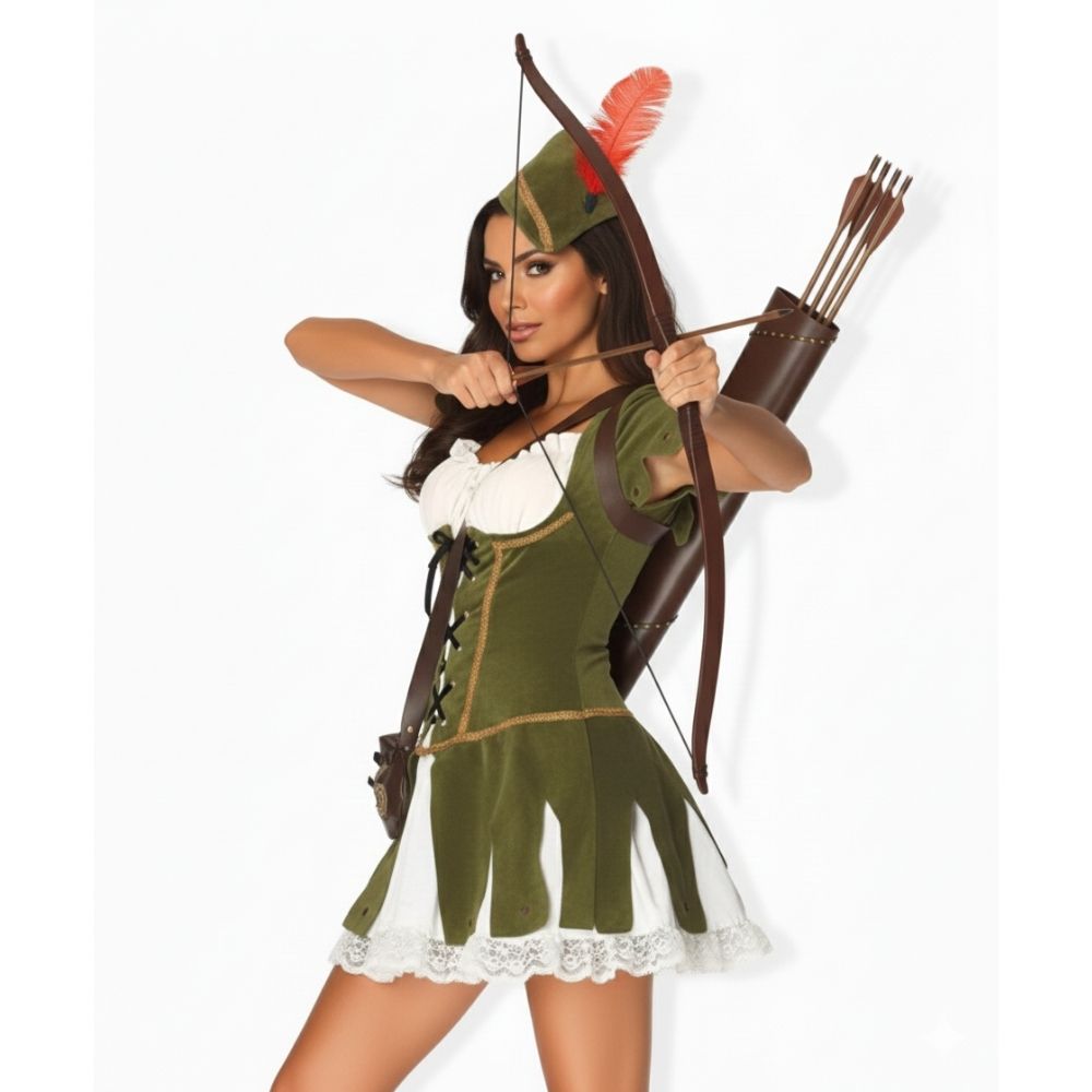 אישה בתחפושת מיס רובין יורה חץ